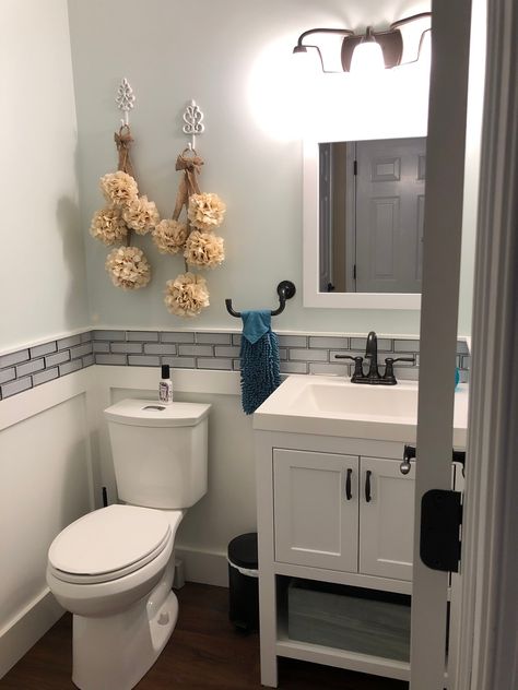 Half Bath Remodel - Imgur Narrow Half Bath, Small Half Bath, Half Bath Remodel, Half Bathroom Remodel, Vanity Backsplash, Bath Makeover, Remodel Diy, Bathroom Decor Luxury, 1/2 Bath