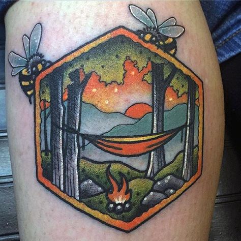 Simple Calf Tattoo Bees Frame Hammock Camping Scene On Gentleman Tattoo Bees, Alive Tattoo, Camping Tattoo, Colorado Tattoo, Scene Tattoo, Camping Scene, Photography Outfits, Nature Tattoo, Landscape Tattoo