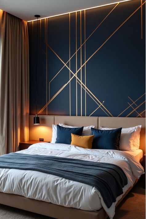 Geometric Accent Wall Bedroom, Accent Wall Navy Blue, Unique Accent Wall Ideas, Geometric Accent Wall, Bedroom Accent Wall Ideas, Unique Accent Wall, Accent Paint, Bedroom Wall Ideas, Gold Magic