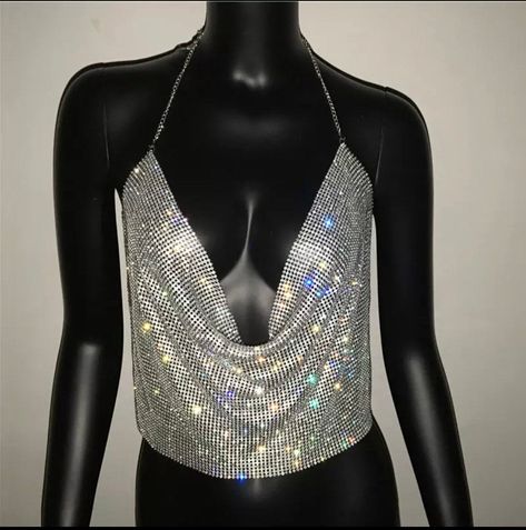 Metal Tank Top, Party Crop Tops, Metal Tank, Tank Top Pattern, Crop Top Women, Chain Dress, Rhinestone Top, Backless Crop Top, Chic Party