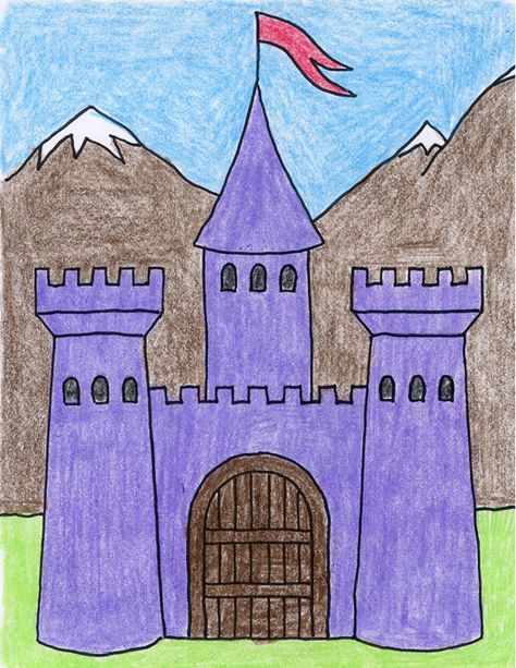 There are many ways to draw a castle. Here’s one with a fairy tale quality to it. • View and download Medieval Castle Tutorial Castle Art Projects, Draw A Castle, Space Art Projects, Castle Coloring Page, Castle Drawing, Drawing Lessons For Kids, Art Projects For Kids, Castle Art, Easy Art Projects