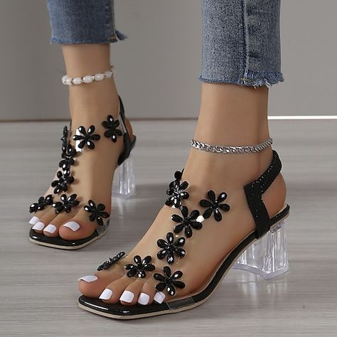 Chic Floral Print Open Toe Sandals, Glamorous Leather Sandals With 4-inch Heel, Trendy Flower-shaped Sandals For Summer, Elegant Flower-shaped Party Sandals, Elegant Flower-shaped Sandals With Heel Strap, Flower Season, Rhinestone High Heels, Black Highlights, Clear Shoes