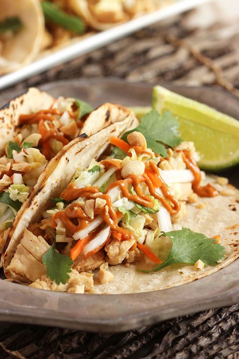 Thai Tacos, Healthy Weekly Meal Plan, Leftover Chicken Breast, Asian Appetizers, Perfect Roast Chicken, Roast Chicken Leftovers, Spicy Peanut Sauce, Thai Peanut, Weekly Meal Plan