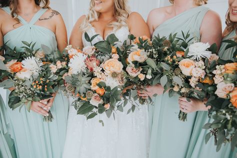 Dusty Sage And Peach Wedding, Wedding Flowers With Sage Dresses, Peach And Sage Wedding Colors, Peach And Sage Green Wedding Bouquet, Sage And Apricot Wedding, Peach And Sage Wedding Flowers, Sage Peach And Cream Wedding, Sage And Coral Wedding, Sage Peach Wedding