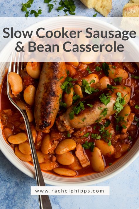 This Slow Cooker Sausage & Butter Bean Casserole is perfect for lazy suppers, served with lots of crusty bread and a generous sprinkling of flat leaf parsley. Butter Bean Casserole, Sausage Casserole Slow Cooker, Slow Cooker Sausage Recipes, Sausage Crockpot Recipes, Sausage And Bean Casserole, Sausage Slow Cooker, Slow Cooker Sausage, Sausage Casserole Recipes, Sausage Crockpot