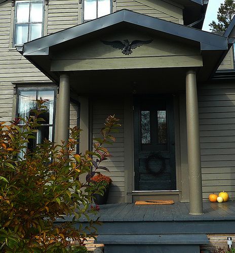 house color Green House With Black Trim, Olive Green House Exterior, Olive Green House, Dark Green House, House With Black Trim, Colonial Colors, Ranch Makeover, Green House Exterior, Green Cabin