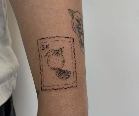 Postal Stamp Tattoo Ideas, Small Square Tattoo, Post It Tattoo, Florida Stamp Tattoo, Lemon Stamp Tattoo, Orange Stamp Tattoo, Receipt Tattoo, Tattoo Timbre, Strawberry Stamp Tattoo