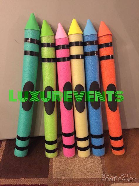 Pool noodle crayons Giant Pencils Out Of Pool Noodles, How To Make Giant Crayons Out Of Pool Noodles, Pool Noodle Crayons Diy, Pool Noodle Crayons, Crayola Birthday Party, Crayon Themed Classroom, Teaching Strategies Gold, Back To School Displays, Kindergarten Graduation Party