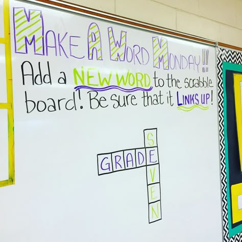 Scrabble board on your white board idea. Fun literacy activity or morning meeting activity. Monday Whiteboard, Whiteboard Prompts, Morning Writing, Whiteboard Writing, Whiteboard Messages, Daily Questions, Morning Board, Responsive Classroom, Morning Activities