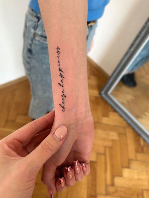 tattoo, happiness, positive, lettering, fineline I Choose Happiness Tattoo, Choose Happy Tattoo, Choose Happiness Tattoo, Pursuit Of Happiness Tattoo, Positive Vibes Tattoo, Be Happy Tattoo, Happiness Tattoo, Matching Friend Tattoos, Small Shoulder Tattoos