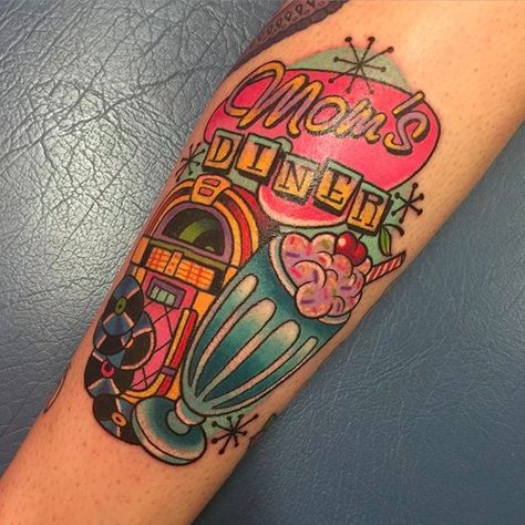 Diner tattoo by Sarah K #SarahK #neotraditional #diner #american #jukebox #milkshake #colorful #girly | May 9th 2016 | 22485 Diner Tattoo, Rockabilly Tattoo Sleeve, Rockabilly Tattoo Designs, Rockabilly Tattoos, Food Tattoo, Candy Tattoo, Rockabilly Tattoo, Ink Therapy, Food Tattoos