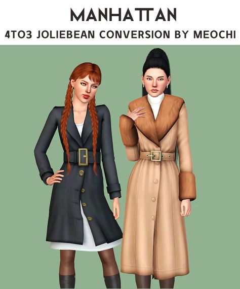 | Joliebean Manhatten set conversion | All credits go to @joliebean - These are not my meshes nor textures! Original here; AF clothing lacks in the outerwear department so contributing these gorgeo… The Sims 4 Clothes Cc, Sims Clothing Cc, Sims 3cc, Sims Legacy Challenge, Sims 3 Cc Clothes, Sims 3 Clothes, Sims3 Cc, Sims 3 Clothing, Sims 3 Cc Finds