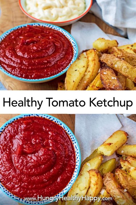 You can make your own Healthy Tomato Ketchup from scratch with this quick and easy recipe in just 15 minutes and with a few store cupboard ingredients. Still all the flavour you know and love from ketchup, but lower in salt and no sugar, and much cheaper too! Easy to make vegan and you can make your own flavoured ketchup too - spicy ketchup anyone?  #ketchup #homemade #catsup Homemade Tomato Ketchup, Tomato Ketchup Recipe, Homemade Potato Wedges, Homemade Tomato Paste, Tomato Paste Recipe, Homemade Ketchup Recipes, Spicy Ketchup, Ketchup Recipe, Homemade Ketchup