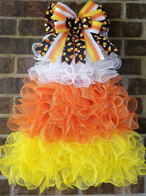 Wreaths & Bows : Inspiration and Ideas by Wreath & Bow Co | Just finished making this XL Candy Corn wreath | Facebook Corn Wreath, Candy Corn Wreath, Halloween Door Decor, Wreath Inside, Fall Mesh Wreaths, Deco Mesh Wreaths Diy, Candy Wreath, Fall Candy, Decor Front Porch