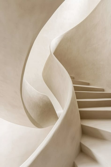 Experience the elegance and fluidity of modern architecture with this stunning creamy staircase. The gentle curves and smooth texture create a sense of serenity and sophistication, making it a true masterpiece of design. Perfect for minimalist and contemporary spaces, this staircase is not just functional but a piece of art in itself.  Transform your interiors with captivating architectural designs. Let me, Mae Knapnougel, help you bring your vision to life with bespoke AI-generated imagery. Visit AI Aesthetic Studio to explore my services and elevate your space with stunning visual content. Minimalist Feminine Aesthetic, Curved Interior Architecture, Minimal Futuristic Interior, Texture Inspiration Design Art, Luxury Neutral Aesthetic, Curves In Architecture, Fluidity Aesthetic, Modern Architecture Aesthetic, Modern Elegance Aesthetic