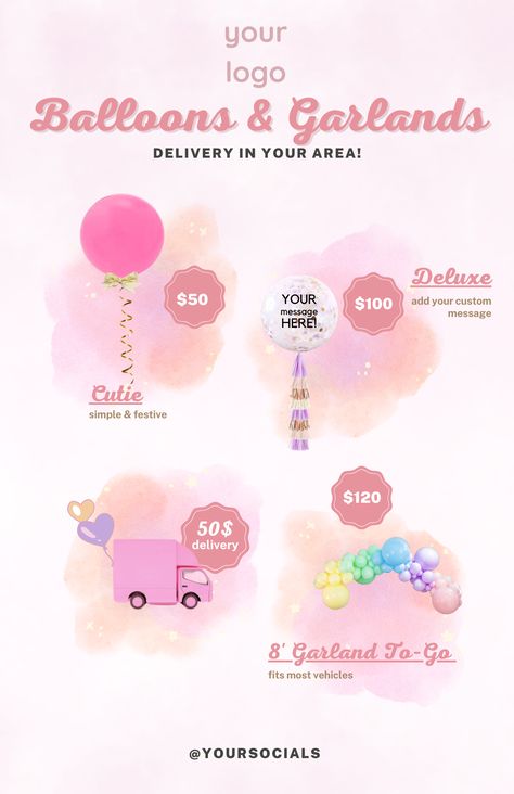 Transform Your Balloon Business with Our Editable Balloon Menu Templates! 🎈 Perfect for Balloon Artists. Bring your balloon decor vision to life and wow your clients with professional pricing and presentation. Download now and elevate your event styling business! #BalloonMenu #EventPlanning #BalloonDecor #CustomTemplates #EventStylist #PartyPlanning #EditableMenu #CanvaTemplates #EventDesign #BalloonArtistry #DIYEventPlanning #WeddingStyling #PartyDecor Styling Business, Balloon Business, Pastel Balloons, Love Balloon, Planning Tools, Balloon Decor, Custom Templates, Event Planners, Mockup Templates