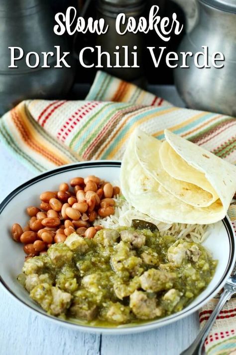 Slow Cooker Chile Verde with Pork #chileverde #slowcooker #crockpot #mexicanfood Slow Cooker Chile, Slow Cooker Chili Verde, Slow Cooker Chile Verde, Baked Chili Cheese Dogs, Pork Chile Verde, Crockpot Favorites, Pork Butts, Chili Verde Pork, Beef Chorizo