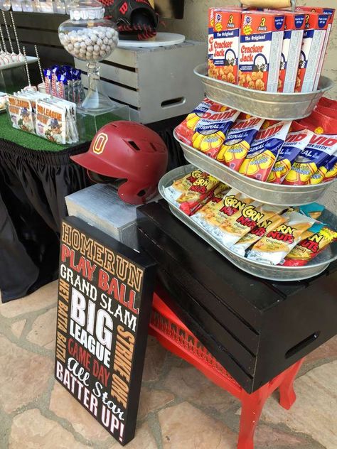 Baseball Birthday Concession Stand, Graduation Party Ideas Sports, Baseball Theme Graduation Party Ideas, Sports Theme Graduation Party, Baseball Party Treats, Baseball Party Concession Stand, Softball Team Party Ideas, Graduation Baseball Theme, Baseball Party Snacks