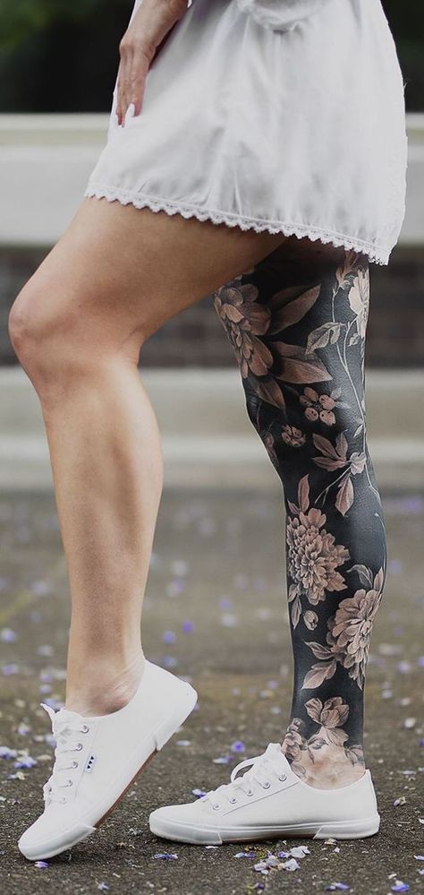 Blackout Legs Tattoo Woman, Negative Space Tattoo Leg Sleeve, Blacked Out Leg Tattoo, Negative Space Leg Tattoo, Black Out Sleeve Tattoo Women, Black Out Tattoo Leg, Mostly Black Tattoo, Black Out Leg Sleeve Tattoo, Black Work Leg Sleeve