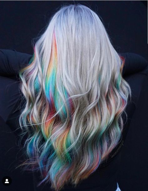 Hidden Rainbow Hair, Unicorn Hair Color, Holographic Hair, Light Blue Hair, Peekaboo Hair, Rainbow Hair Color, Creative Hair Color, Hair Color Streaks, Brown Hair With Blonde Highlights