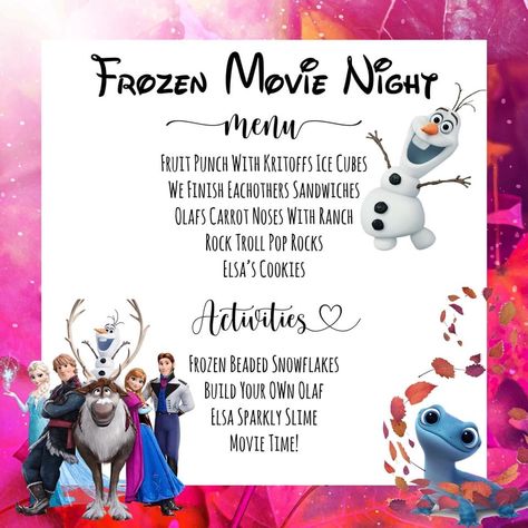 Elemental Movie Food Ideas, Disney Dinner And Movie Night Ideas, Disney Themed Food Ideas Movie Nights, Disney Movie Night Ideas, Disney Movie Dinner Ideas, Frozen Movie Night, Disney Movie Nights, Disney Theme Dinner Movie Nights, Frozen Dinner And A Movie