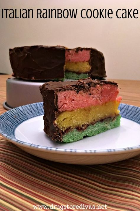 Italian Rainbow Cookie Cake | Drugstore Divas Rainbow Cookie Cake, Seven Layer Cookies, Almond Paste Cookies, Italian Rainbow Cookies, Rainbow Cookie, Italian Cakes, Popular Cookies, Green Cake, Rainbow Cookies