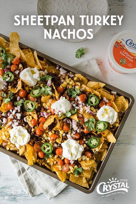 Taco Tuesday upgraded. The entire family will love this delicious weeknight dinner made quick and easy on a sheet pan. Get the recipe. Ground Turkey Nachos Recipes, Turkey Nachos Recipe, Ground Turkey Nachos, Stuffed Peppers Appetizer, Turkey Nachos, Best Ground Turkey Recipes, Nacho Recipe, Nachos Ingredients, Brunch Casserole