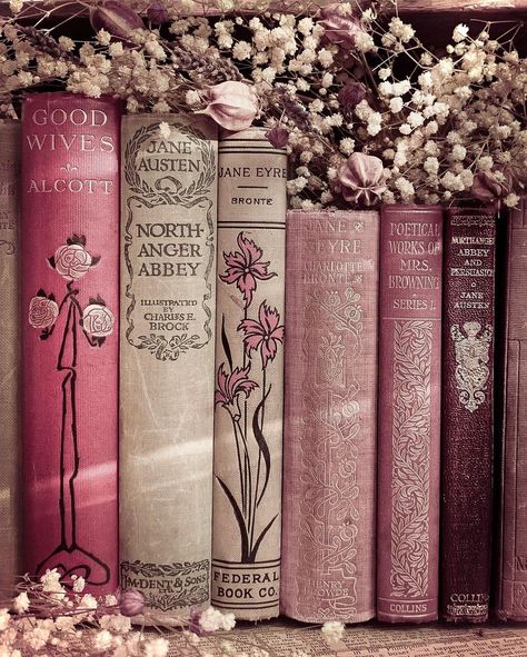 Clair on Instagram: “A line up of female writers today with this selection of vintage books in shades of faded pink. Louisa May Alcott, Jane Austen, Charlotte…” Books And Tea, Library Aesthetic, Book Spine, Vintage Book Covers, Pink Books, Writers And Poets, Old Books, Classic Books, I Love Books