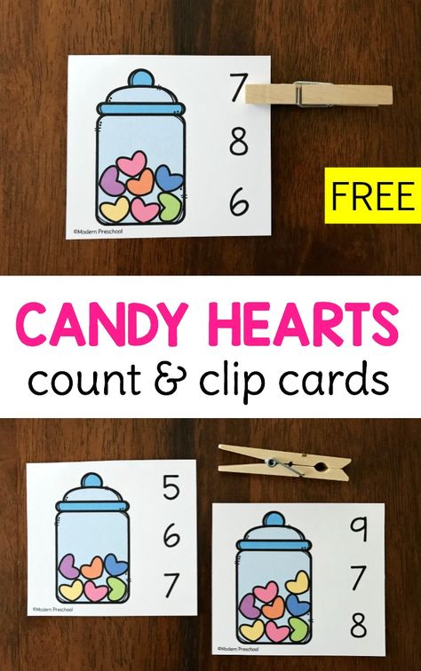 FREE printable Candy Hearts Count & Clip Cards for Valentine's Day in preschool using the numbers 0-10 to practice 1:1 correspondence, counting, number recognition, and fine motor skills! #preschool #hearts #counting Preschool Valentines Activities, Kindergarten Valentines, Math Valentines, Preschool Valentines, Valentine Activities, Winter Preschool, Candy Hearts, Valentines Day Activities, Number Recognition