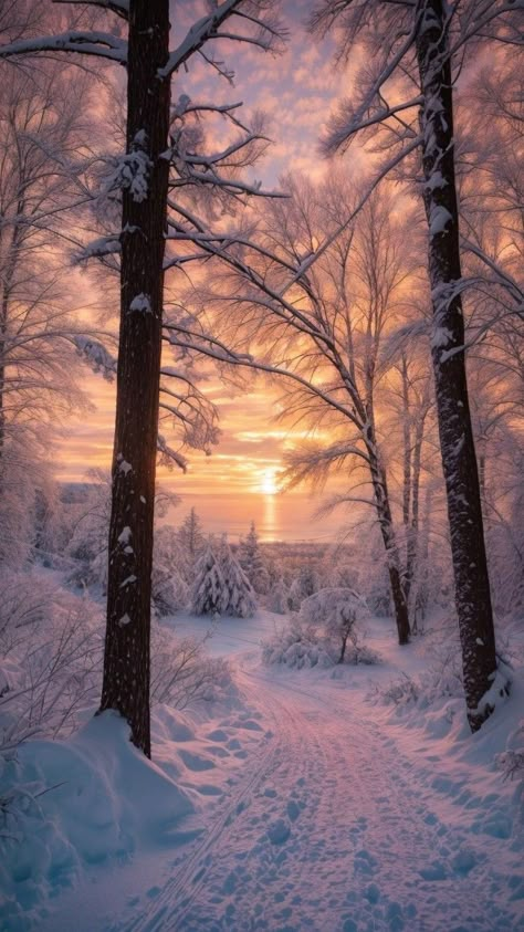 Snowy Iphone Wallpaper, Winter Sun Aesthetic, Snowy Winter Aesthetic, Snow Scenes Photography, Winter Sunsets, Snowy Landscape, Winter Sunset, Winter Nature, Winter Photos