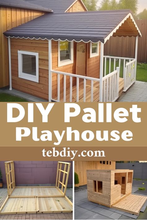 Cheap DIY Pallet Playhouse Project For Little Girls Diy Palette Playhouse, Build A Playhouse On A Budget, Playhouse Pallets Diy, Simple Outdoor Playhouse, Diy A Frame Playhouse, Diy Kids Playhouse Outdoor Easy, Shed Into Playhouse, Easy Playhouse Plans, Pallet Playhouse Diy Easy