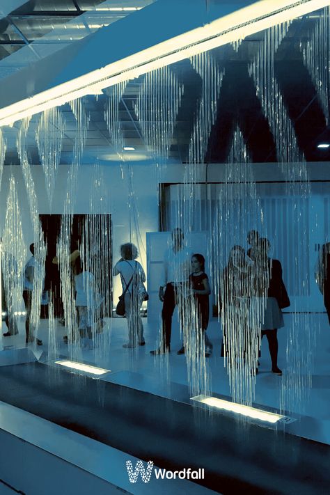 With the remarkable combination of light and water, we have the ability to showcase any shape of your choosing. Indoor Water Curtain, Water Curtain Wall Interior, Water Exhibition Design, Water Curtain Wall, Water Bubble Wall Partition, Water Refraction, Conference Display, Water Projection Installation, Whale Fall