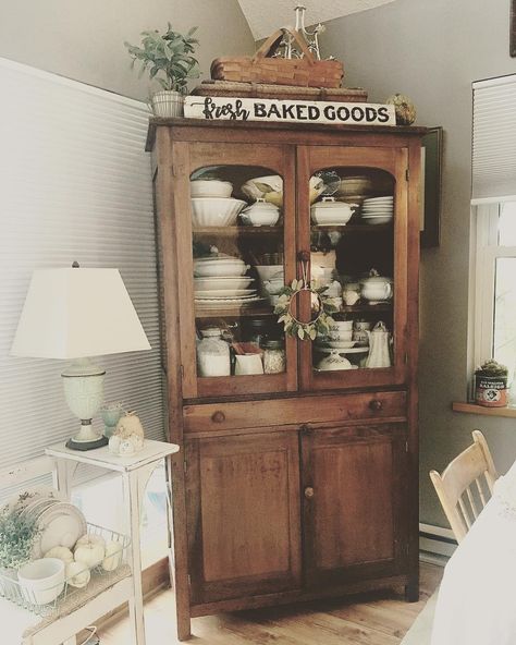 Antique pie safe in a cozy corner of our dining room. Pie Safe Decor Display, Pie Safe Cabinet Makeover, Pie Safe Makeover, Cottage Core Dining Room, Corner Cabinet Dining Room, Ironstone Display, Pie Cabinet, Florida Farmhouse, Pie Safe Cabinet