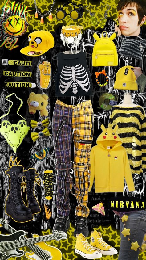 yellow alternative fit 💛🖤 - - - #yellow #emo #tumblr #aeshetic #plaid #plaidpants #bag #pikachu #hat #jakethedog #boots #converse #goth #scene #scenecore #alt #alternative #accessories #earrings #choker #outfit #outfitinspo #outfitideas #outfitinspiration #inspiration #collage #tumblraesthetic #2010s Yellow Scene Outfit, Scenecore Outfit, Boots Converse, Choker Outfit, Pikachu Hat, Inspiration Collage, Alternative Accessories, Alt Fits, Scene Core