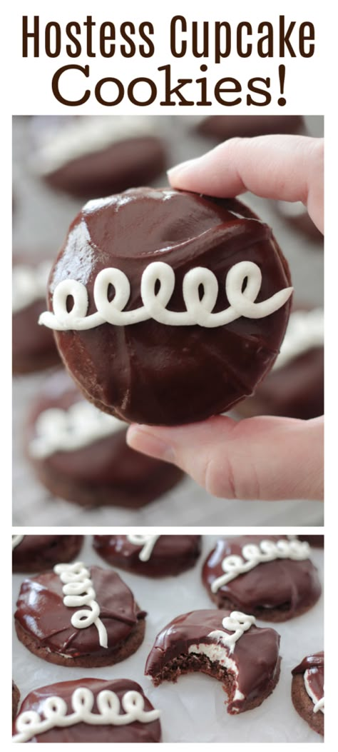 Hostess cupcake cookies! A soft and chewy chocolate cookie topped with marshmallow buttercream then dipped in chocolate glaze. YUM! Ding Dong Cookies, Hoho Cupcake Cookie, Hostess Cupcake Cookies, Hoho Cookies, Hostess Cookies, Hostess Cupcake Cake, Chocolates Cookies, Ding Dongs, Cookies Fall