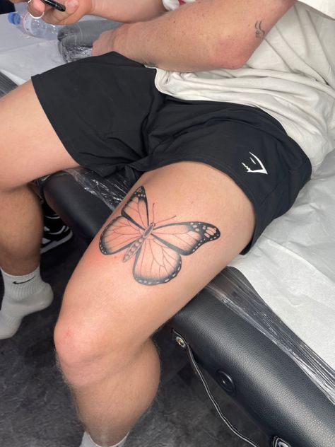 Back Of Thigh Butterfly Tattoo, Butterfly Tattoo Ideas Men, Male Butterfly Tattoo, Butterfly Tattoo For Men, Thigh Butterfly Tattoo, Men Butterfly Tattoo, Butterfly Tattoo On Thigh, Guy Thigh Tattoo, Butterfly Tattoo Thigh