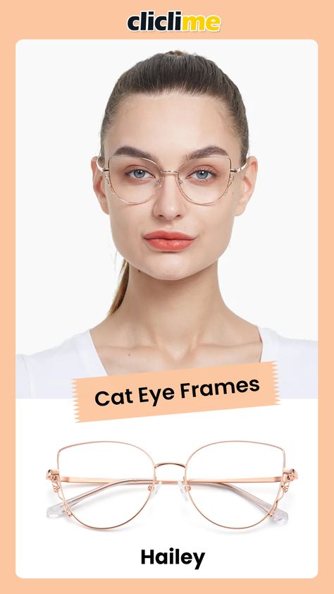 Spread your wings with Hailey, and be ready to turn heads like a diva. Rose gold metallic wings on the sides are a perfect match for the cat-eye rim shape, while the adjustable nose pads ensure maximum wearability. #glasses #eyeglasses #eyewear #cliclime #eyeglasses frames Cat Eye Metal Frame Glasses, Metallic Wings, Hailey Rose, Metal Frame Glasses, Cat Eye Eyeglasses, Women Rising, Cat Eye Glasses, Cat Eye Frames, Full Frame