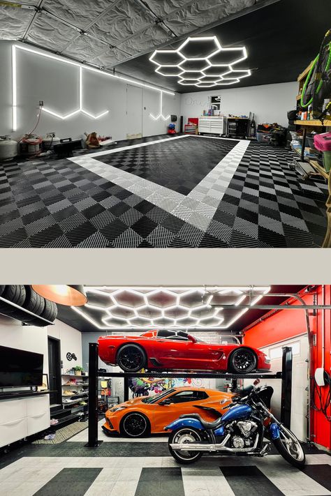 Transform your garage into a sleek modern space with LED lighting! 💡✨ Embrace efficiency and style with these contemporary upgrades. #ModernGarage #LEDLighting #HomeImprovement #GarageGoals #InteriorDesign #LED #Garage #garagelighting Modern Garage Interior, Garage Lighting Ideas, Garage Designs, Mechanic Shop, Modern Garage, Garage Interior, Auto Detailing, Garage Lighting, Man Cave Garage