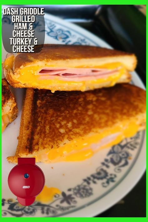 Picture of golden crispy grilled ham and cheese sandwich and turkey and cheese sandwich Mini Maker Griddle Recipes, Dash Mini Grill Recipes, My Mini Griddle Recipes, Mini Grill Recipes, Mini Dash Griddle Recipes, Mini Griddle Maker Recipes, Dash Griddle Recipes, Dash Mini Griddle Cookie Recipe, Dash Mini Griddle Recipes