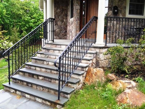 Decorative Wrought Iron Porch Railing Stairs Exterior, Wrought Iron Porch Railings, Iron Railings Outdoor, Exterior Stair Railing, Iron Stairs, Wrought Iron Railings, Front Porch Railings, Outdoor Stair Railing, Porch Stairs