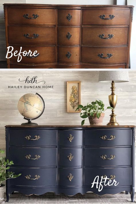 Navy Dresser Makeover Old Dresser Makeover, Diy Painted Dresser, Diy Furniture Makeover Projects, Diy Furniture Makeover Ideas, Staining Furniture, Blue Dresser, Diy Dresser Makeover, General Finishes, Diy Dresser