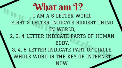 What am I? word puzzle English Puzzles, Word Brain Teasers, 6 Letter Words, Word English, Word Riddles, What Am I Riddles, Riddle Of The Day, Brain Teasers With Answers, Brain Teasers For Kids