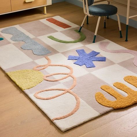 Eva Chen Playful Shapes Rug | West Elm Playroom Must Haves, Kids Playroom Flooring, Playroom Rugs, Kids Playroom Rugs, Playroom Flooring, Kids Play Spaces, Eva Chen, Kids Shared Bedroom, Kid Room Carpet