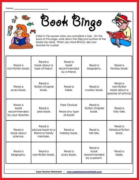 This book bingo challenge from Super Teacher Worksheets is a great way to encourage kids to read! Reading Response Worksheets, Book Bingo, Reading Bingo, Read A Thon, Reading Incentives, Bingo For Kids, Library Skills, Reading Test, Super Teacher