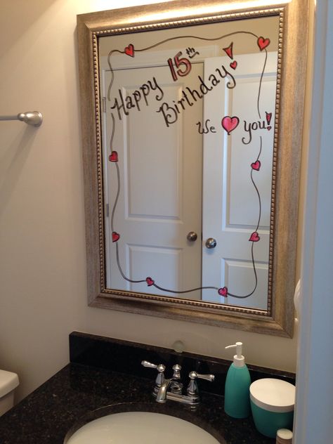 Birthday morning surprise! Bathroom Birthday Surprise, Birthday Mirror Ideas, Morning Birthday Ideas, Dorm Room Birthday Surprise, 18th Surprise Birthday Ideas, Sweet 16 Morning Surprise, Sweet 16 Surprise Ideas, 13th Birthday Morning Surprise, 18th Birthday Morning Surprise