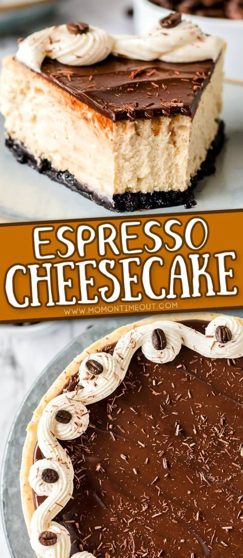 Espresso Cheesecake is the perfect dessert for coffee and chocolate lovers! Rich, silky espresso cheesecake sits on an OREO crust and is topped with chocolate ganache, cream cheese frosting swirl, chocolate shavings and espresso beans! Delish! // Mom On Timeout #cheesecake #dessert #baking #espresso #coffee Espresso Cheesecake, Adorable Desserts, Mom On Timeout, Coffee Cheesecake, Cheesecake Dessert, Oreo Crust, Espresso Beans, Cheesecake Desserts, Chocolate Shavings