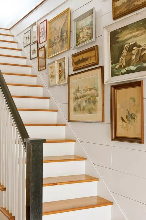 60 Gallery Wall Ideas To Make The Most Of Your Space Farmhouse Staircase, Gallery Wall Staircase, Stair Gallery, Wood Plank Walls, Stair Wall, Staircase Ideas, Southern Living Homes, Gallery Wall Inspiration, Stair Case