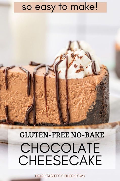 This Easy, Gluten-Free, No-Bake Chocolate Cheesecake with Gluten-Free Oreo Cookie Crust is delicious and ever so chocolaty! This lovely cheesecake is one of our favorite recipes for birthdays, Valentine’s Day, and special occasions. The chocolate filling is rich and decadent, and the delicious cookie crust adds that additional chocolate layer of flavor. Gluten Free Oreo Dessert, Easy Gluten Free Cheesecake, Gluten Free Chocolate Cheesecake Recipe, No Bake Gluten Free Cheesecake, Chocolate Gluten Free Desserts, Gluten Free No Bake Cheesecake, Gluten Free Oreo Cheesecake, Gluten Free Chocolate Cheesecake, Gluten Free Cheesecake Recipe