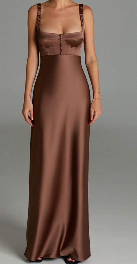 October Dresses, Satin Long Sleeve Dress, Brown Dresses Formal, Brown Bridesmaid Dresses, Anna October, Black Floral Maxi Dress, Stylish Wedding Dresses, Long Cocktail Dress, Satin Dress Long