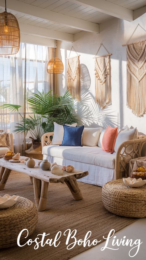 Coastal boho living room with white linen sofa, rattan furniture, macramé hangings, seagrass baskets, and bamboo lights. Bamboo Lights, Bamboo Light, Boho Interiors, Coastal Boho, Rattan Furniture, Natural Texture, Boho Style, Oasis, Boho Fashion